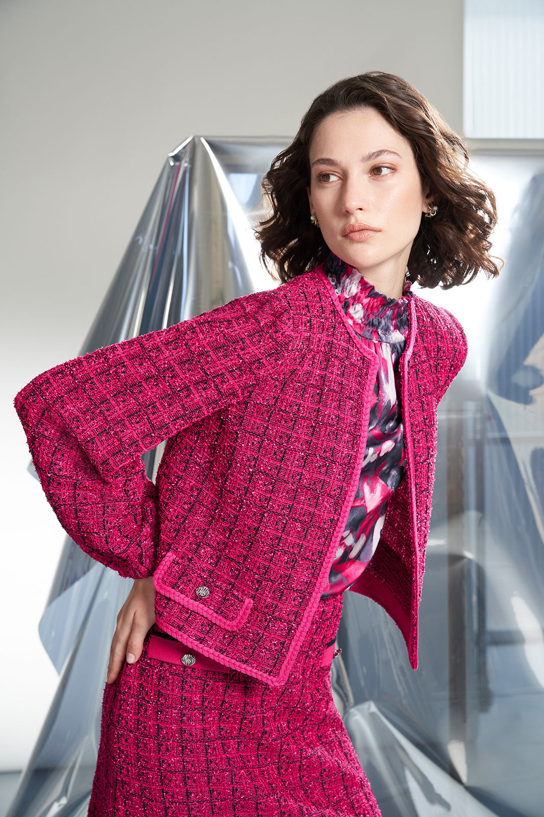 Plus Size Open Front Jacket - Bishop Sleeve Tweed Knit