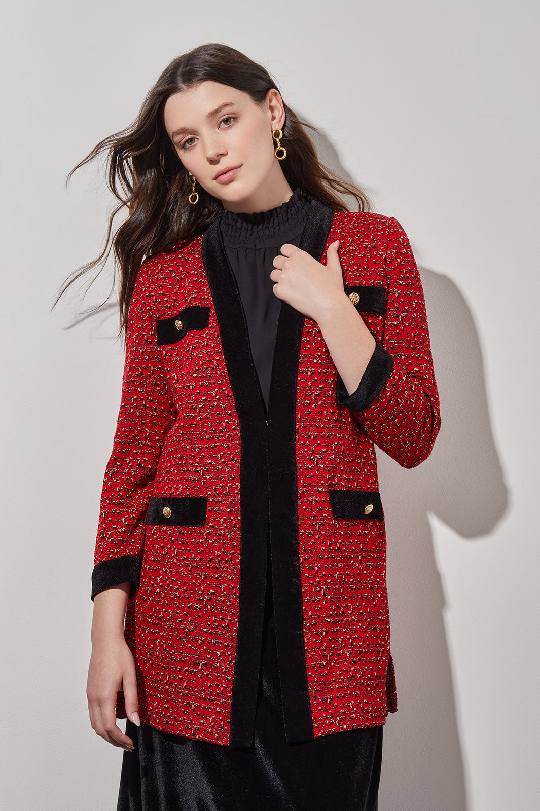 Plus Size Tailored Jacket - Velvet Trim Tweed Knit