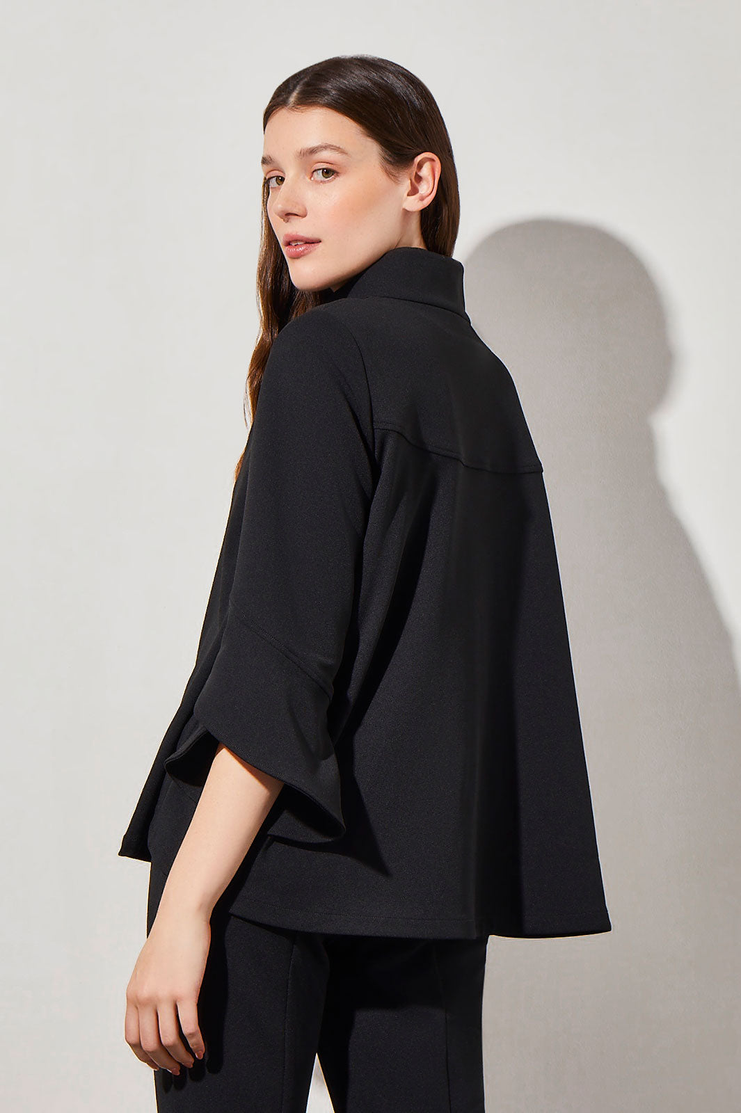 Button-Front Bell Sleeve Deco Crepe Jacket, Black