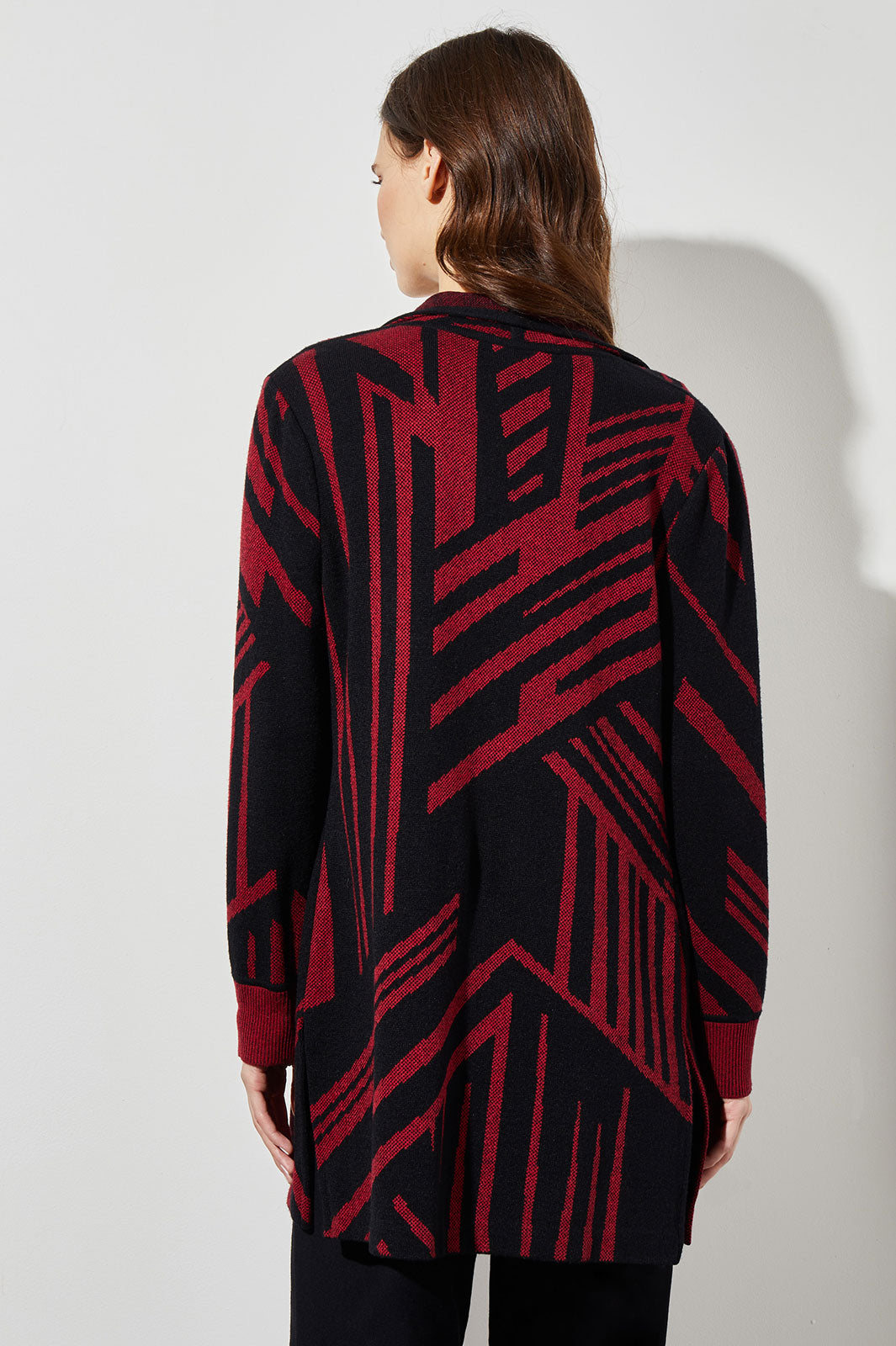 Geometric Stripe Cozy Knit Cardigan, Crimson Red