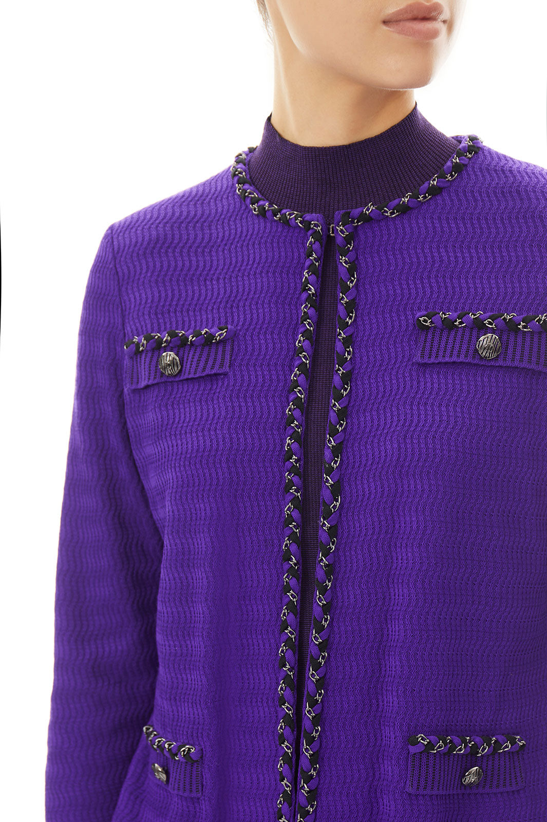 Braided Chain Trim Textured Knit Jacket